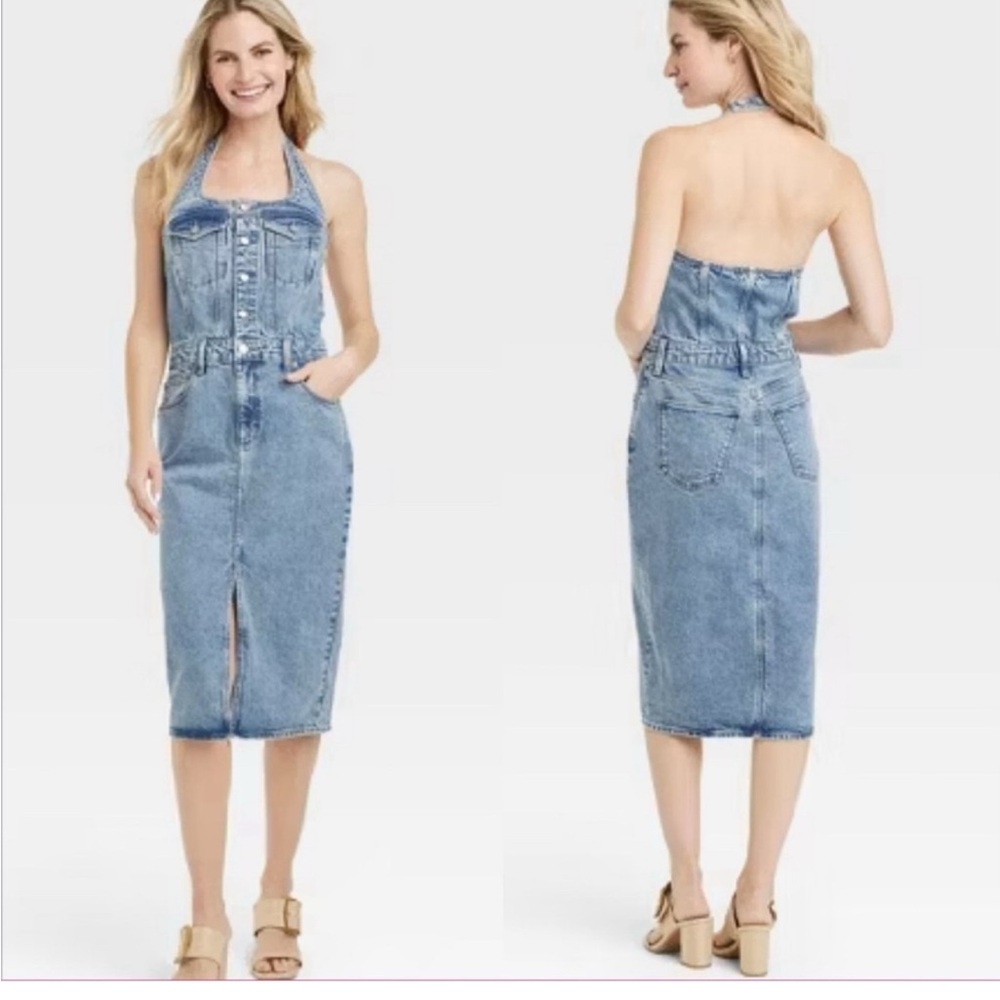 4 Woman’s Blue Denim Midi Halter Dress Size 04 NWOT Sold Out Style